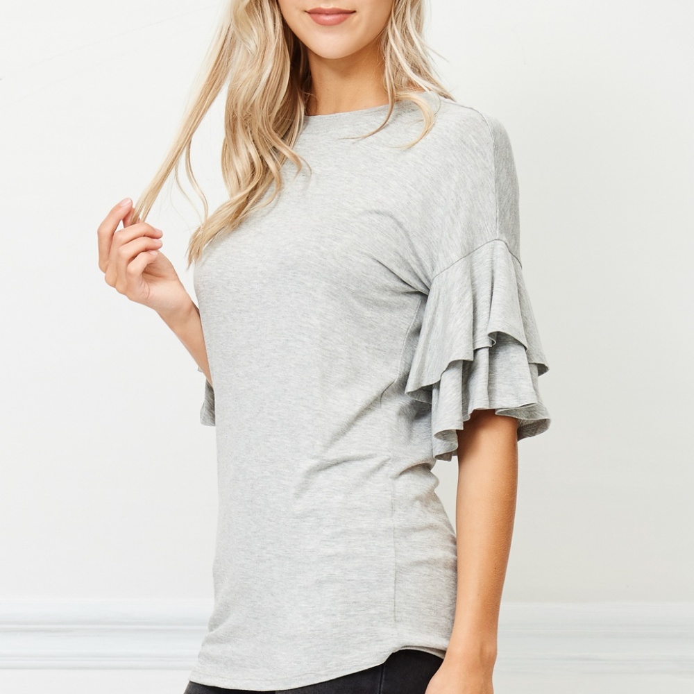 "ROUND NECK RUFFLE SLEEVE TOP" - Picture 4 of 6